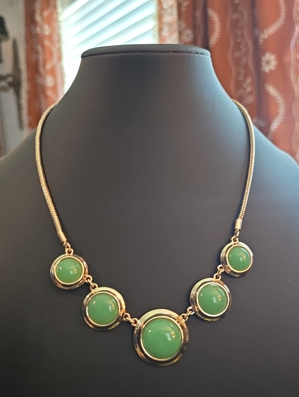 Vintage Signed Monet Gold-Tone Collar Statement Necklace - Mint Green Cabochons